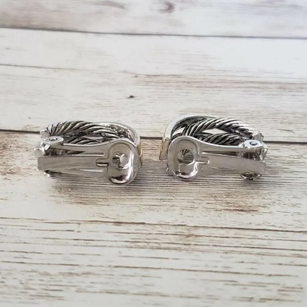 Vintage Clip On Earrings - Half Hoop Gold Tone Kiss with Woven Silver Tone